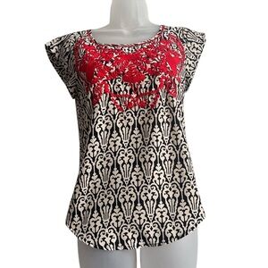 THML Ladies Beige and Black Embroidered Short Sleeve Blouse Size Small